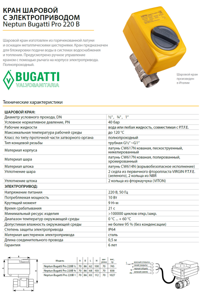 Кран с электроприводом Neptun Bugatti Pro 220В  1/2"