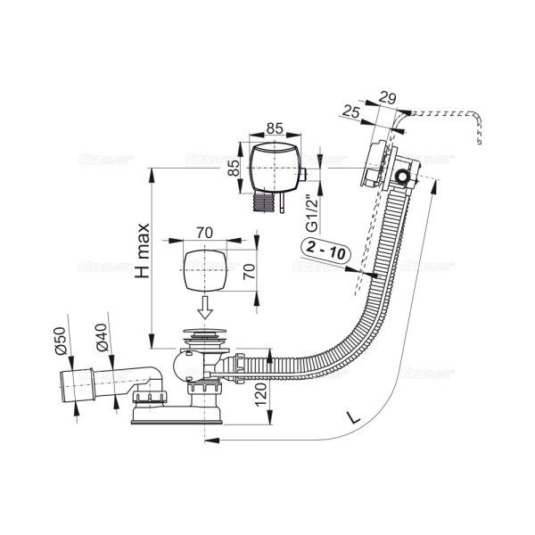 A564CRM2 Сифон для ванны с напуском воды через перелив Alcaplast пластик