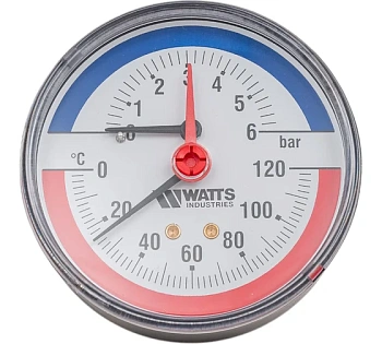 Термоманометр аксиальный F+R818 80мм, 0-6 бар 0-120С Watts  (50/1)