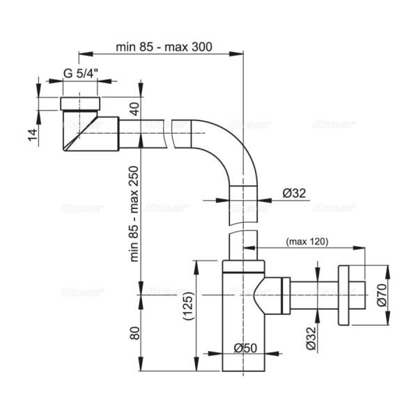 Сифон хром с н/г 5/4" DESIGN латунь AlcaPlast экономящий пространство А403